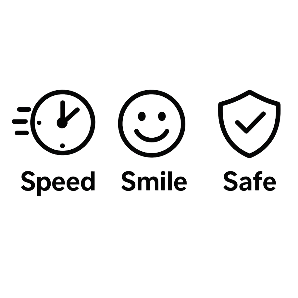 Icons für Speed, Smile, Safe – unser Firmencredo